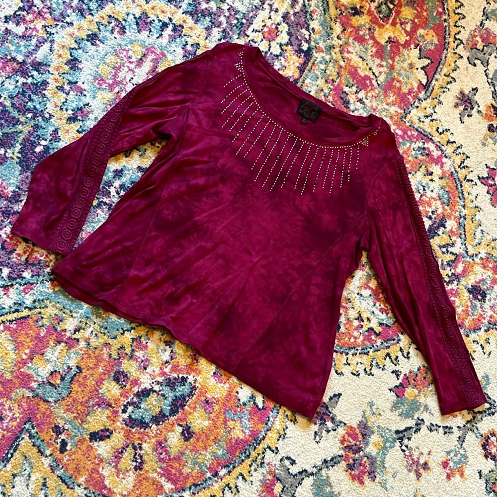 PICK 5/$15 Maroon bead gem, French Blue Woman 2X long sleeve shirt embroidery